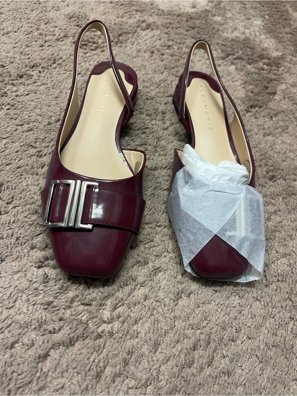 Alex Marie Wine Patent Slingback Flats with Silver Buckle